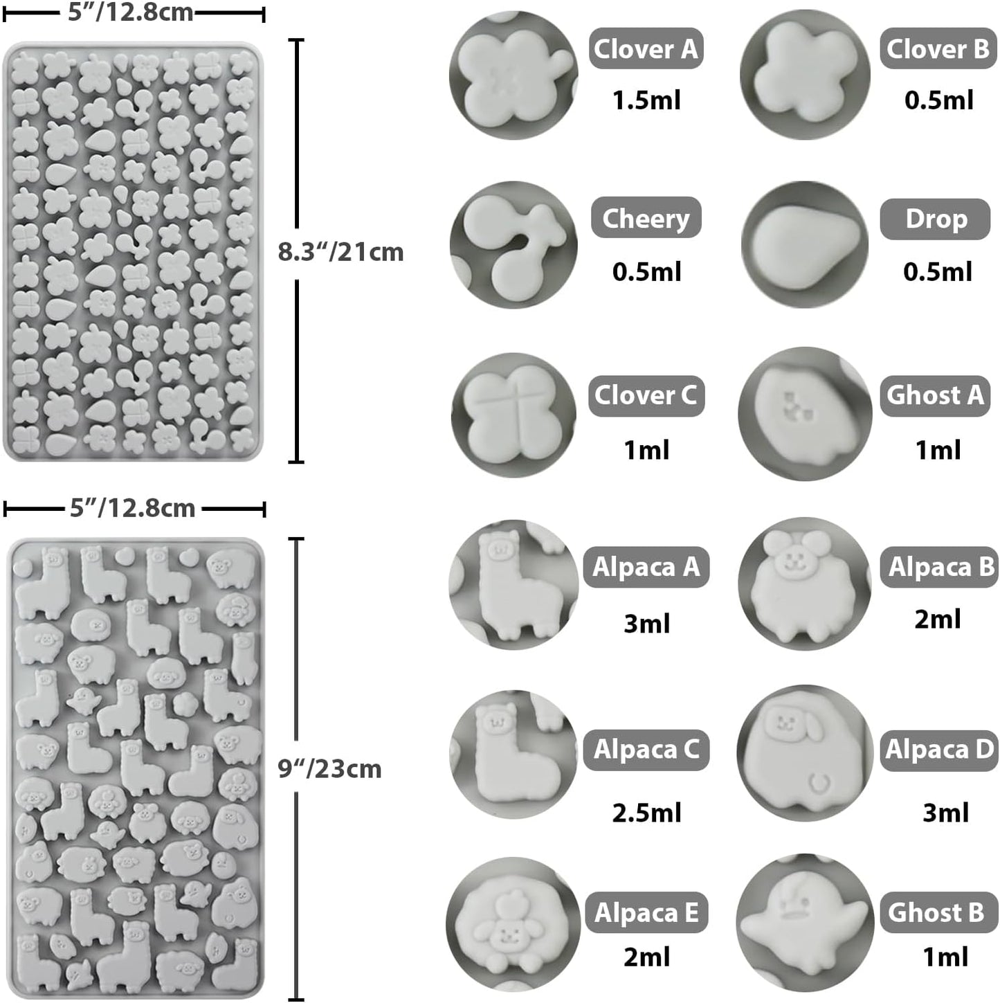 Animals & Flowers Silicone Candy molds, Non-Stick Gummy Bear Chocolate Gelatin Tray with 2 Droppers Creates 260 Alpaca, Clover, Animals, Rainbow & Cloud, Pack of 4