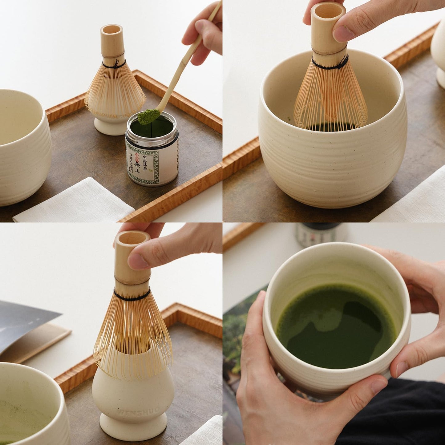 WENSHUO Matcha Whisk Set, Ceramic Matcha Bowl & Whisk Holder, Bamboo Accessory, Modern Design (Matte Crème, Traditional Bowl Design)