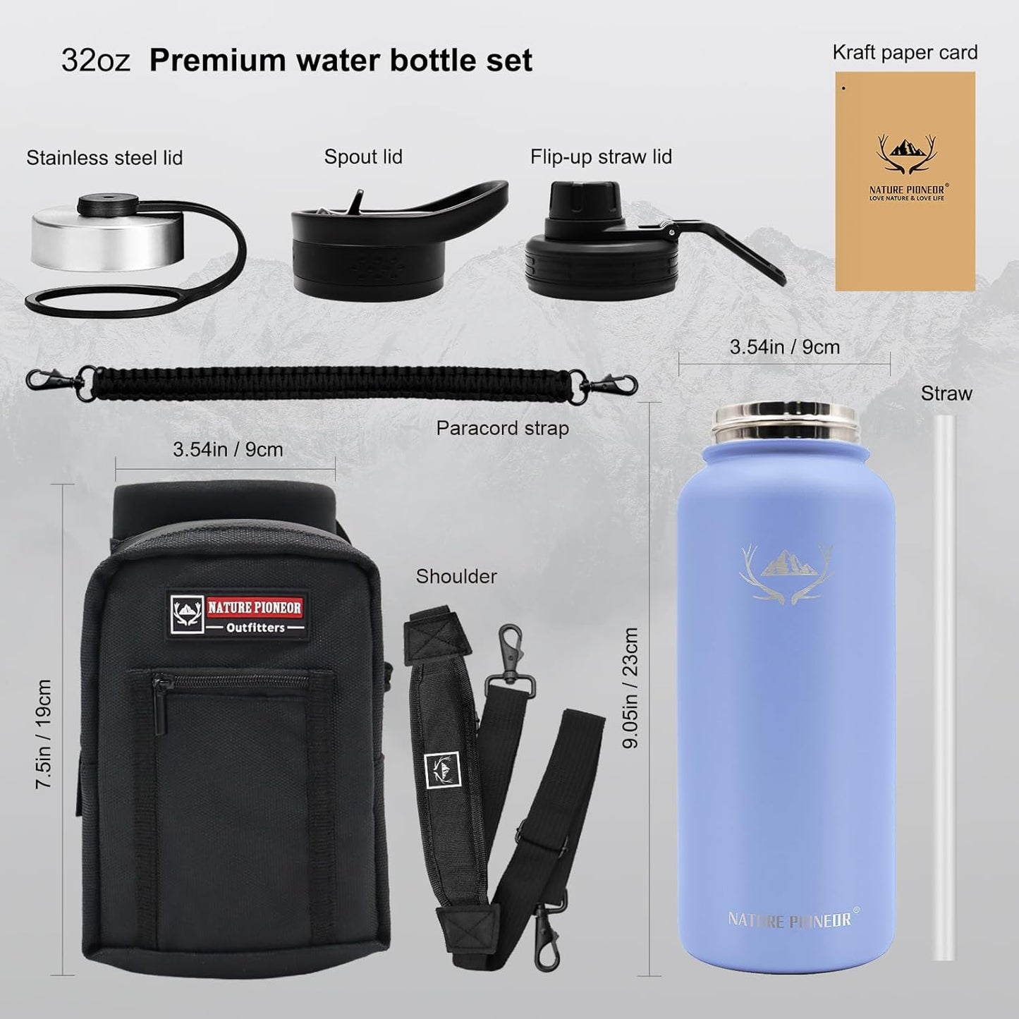 NATURE PIONEOR Insulated Water Bottles with Straw - 32oz Stainless Steel Vacuum Bottle with Holder/Carrier/Sleeve - Reusable 18/8 Food Grade 32 oz Water Jug