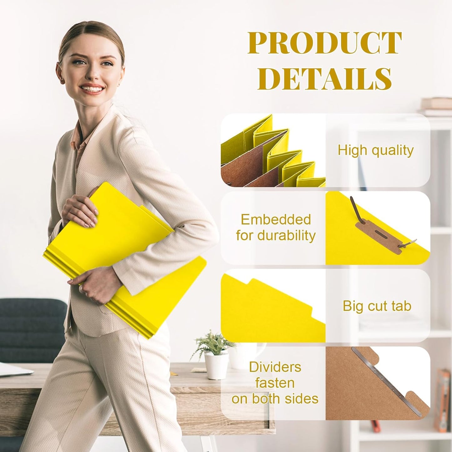 24 Pcs Classification Folders Letter Size, Back to School Supply for Teacher, Student, 3 Dividers Pressboard File Folder Bulk with 2 Fasteners, 3.5 Inch Expanding File Organizer (Yellow)