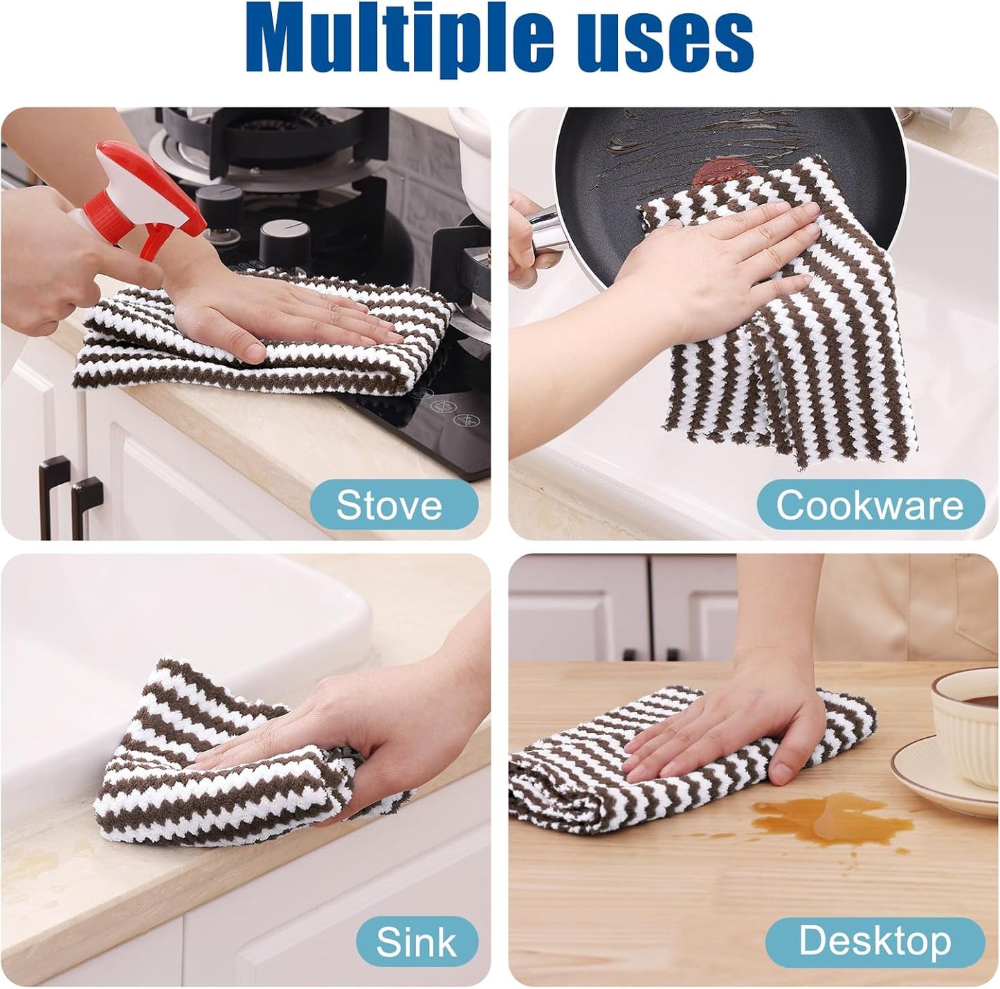 Homaxy Kitchen Towels(24 Pack, 10 x 20 inches), Ultra Soft and Absorbent Dish Towels, Reusable Fast Drying Microfiber Cleaning Cloth, Coral Velvet Wave Design No-lint, Brown