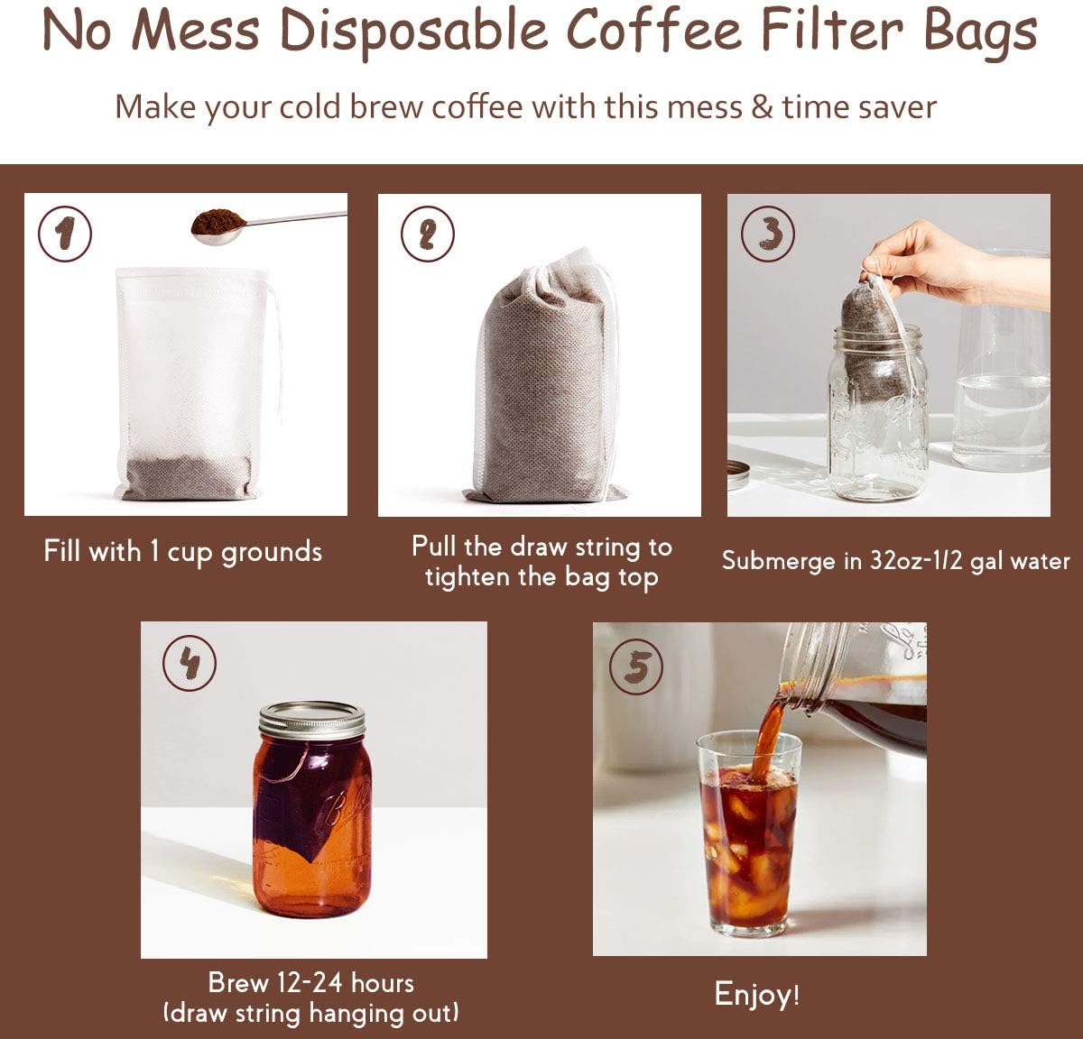 No Mess Cold Brew Coffee Filters - 100 Count Disposable Fine Mesh Brewing Bags for Concentrate/Iced Coffee Maker, French/Cold Press Kit, Hot Tea in Mason Jar or Pitcher, 4 x 6 Inches