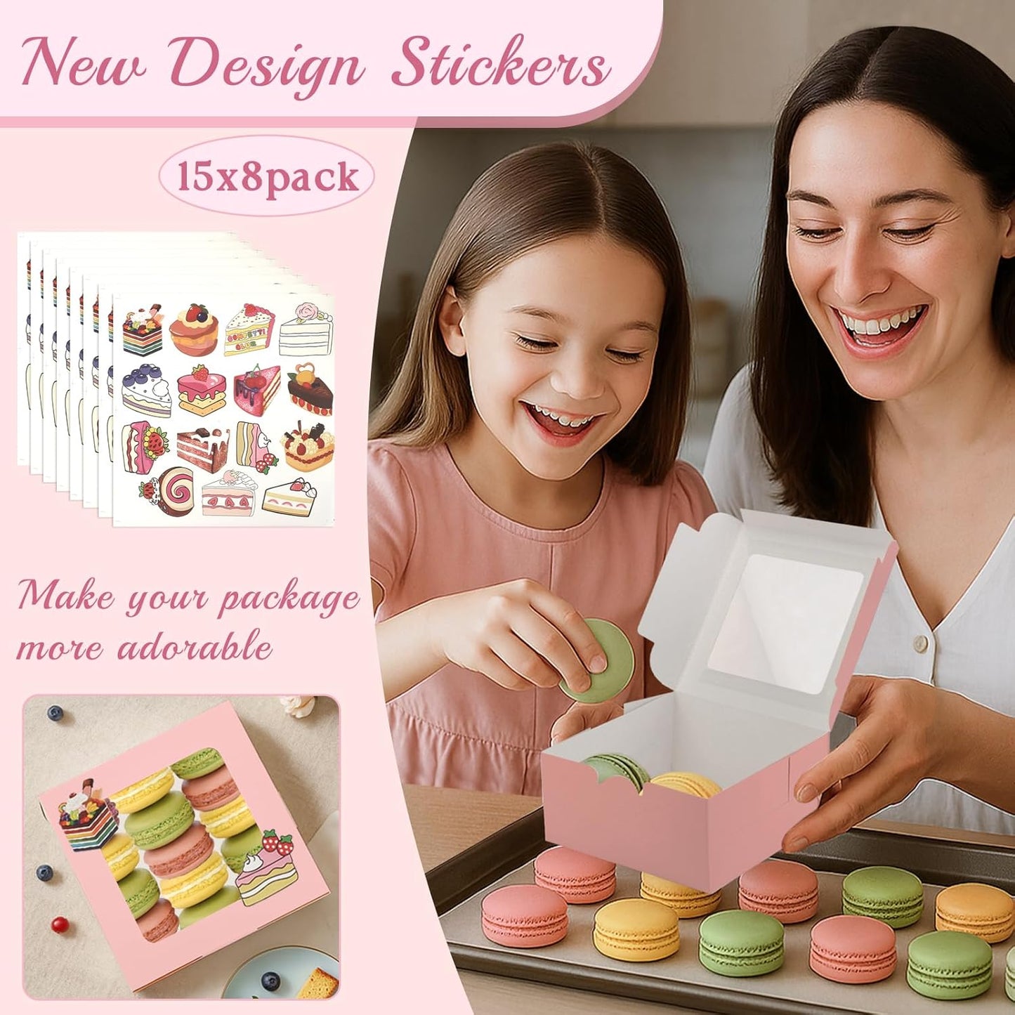 OAMCEG 80 Pack Cookie Boxes with Window, 6x6x3 Inches Pink Cupcake Boxes, Bakery Treat Boxes with Stickers & Twine for Pastry, Desserts, Strawberries, Cupcakes, Gift Giving