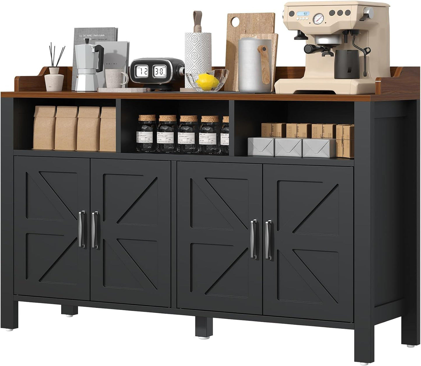 Buffet Cabinet with Storage Farmhouse with 4 Doors and 3 Open Compartments, 55'' Large Kitchen Storage Cabinet Black Wood Coffee Bar Buffet Sideboard for Kitchen, Dining Room, Living Room