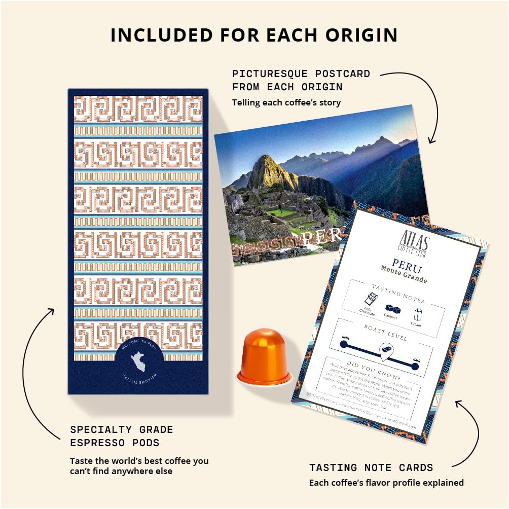 Atlas Coffee Club Espresso Pods Compatible with Nespresso Original– Extra Dark Roast Variety Pack (80 Count)– Aluminum Capsules from Kenya, Peru, Costa Rica & Guatemala– Intensity 10-12