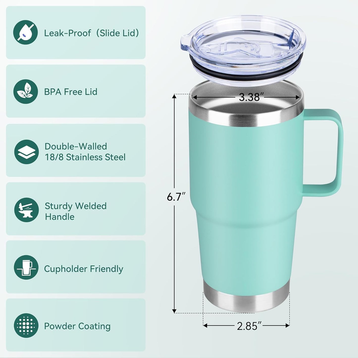 HASLE OUTFITTERS 20oz Tumbler with Lid, Stainless Steel Tumbler with Handle, Metal Insulated Travel Coffee Mug with Handle, Double Wall Vacuum Spill Proof Tumbler Cup, Mint Green 1 Pack