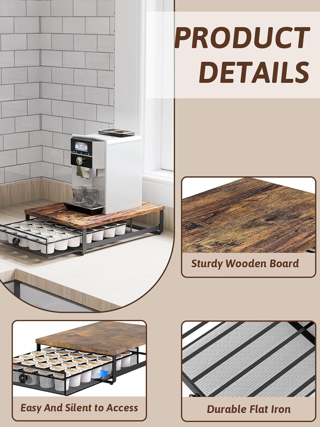 K Cup Organizer, Coffee Pod Holder Rack, Under Cabinet Pod Holder with Sliding Drawer holds up to 35 K-Cup Pods, No Assembly Needed, Rustic Brown