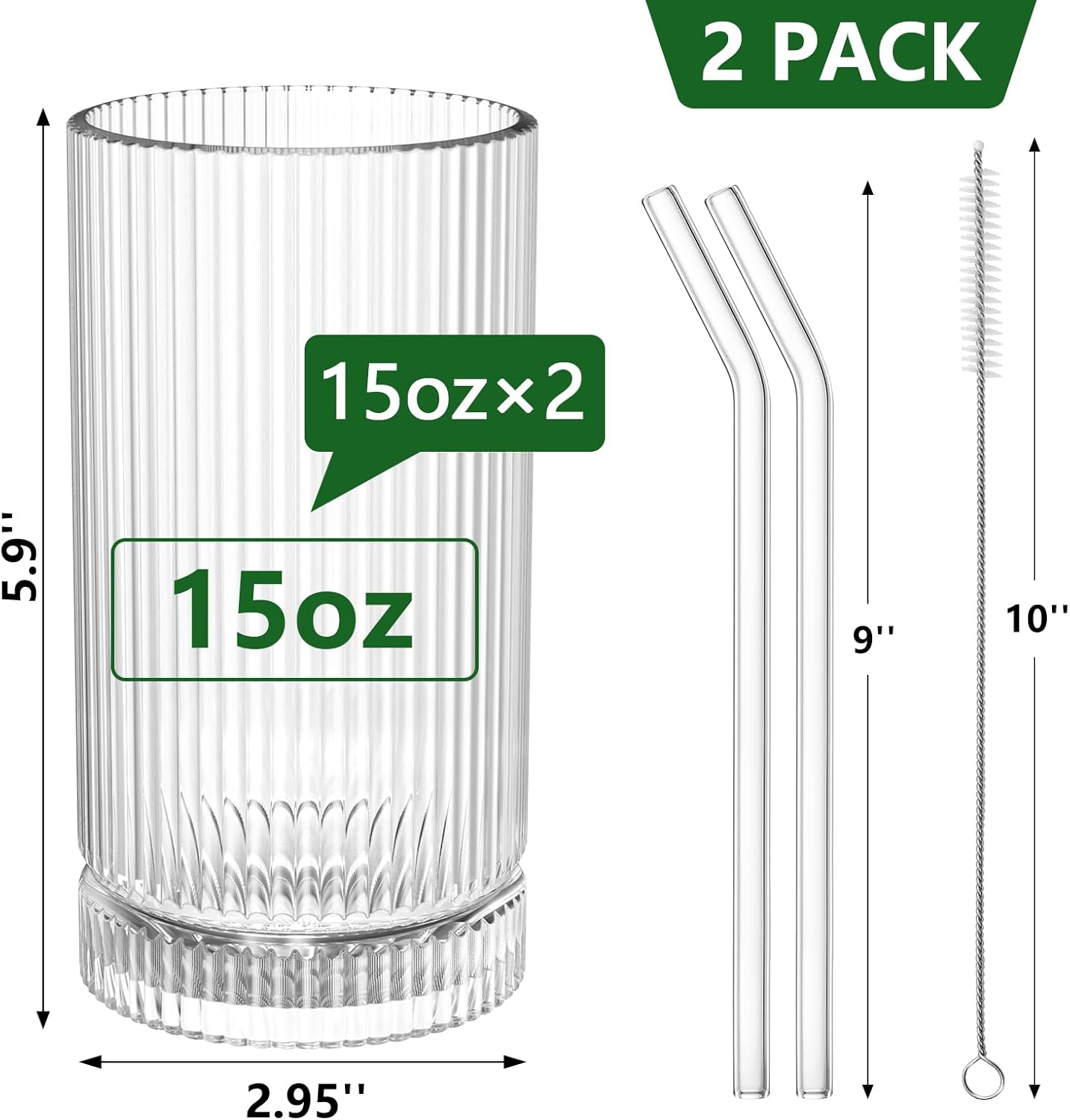 15 Oz Glass Cups with Straws, Vintage Glassware for Whiskey Cocktail Beer, Iced Coffee Cups and Drinking Glassare (2 PACK