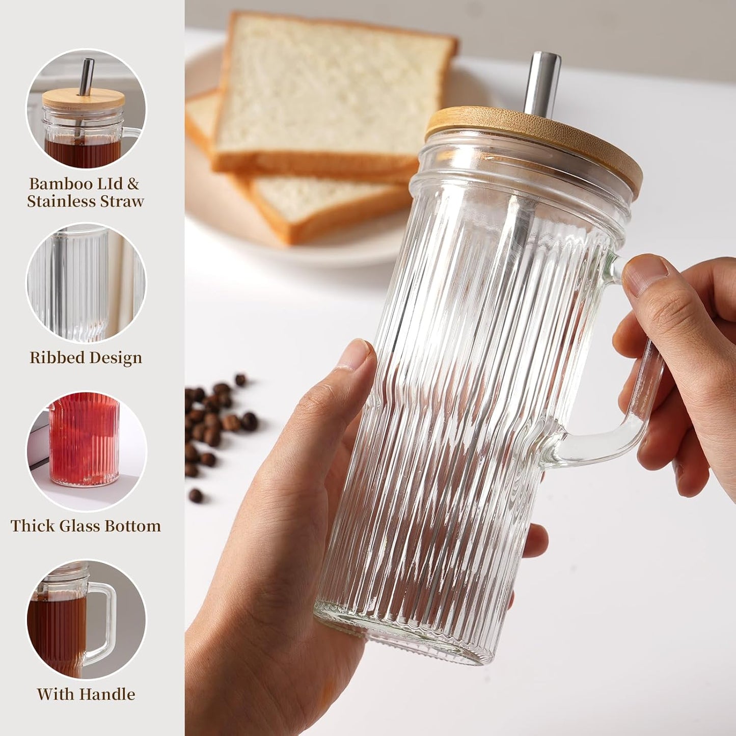 24Oz Ribbed Glass Tumblers with Lids and Straws, Glass Tumbler with Handle, Vintage Glass Cups Thick Drinking Glasses Set of 4, Ideal for Iced Coffee, Smoothies, Cocktails, Tea and Juices
