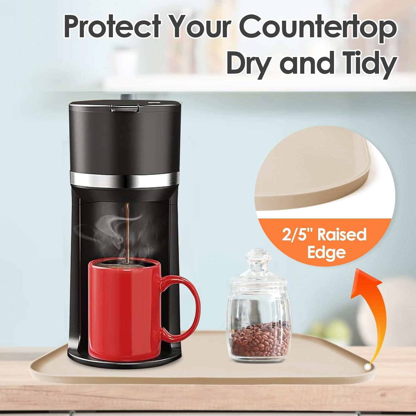 TOHONFOO Silicone Coffee Maker Mat with Lip, 17.4'' x 10.6'' Heavy Duty Coffee Maker Mat for Countertops, Coffee Tray Fit Under Coffee Machine Appliance Automatic Machines Espresso Accessory, Khaki