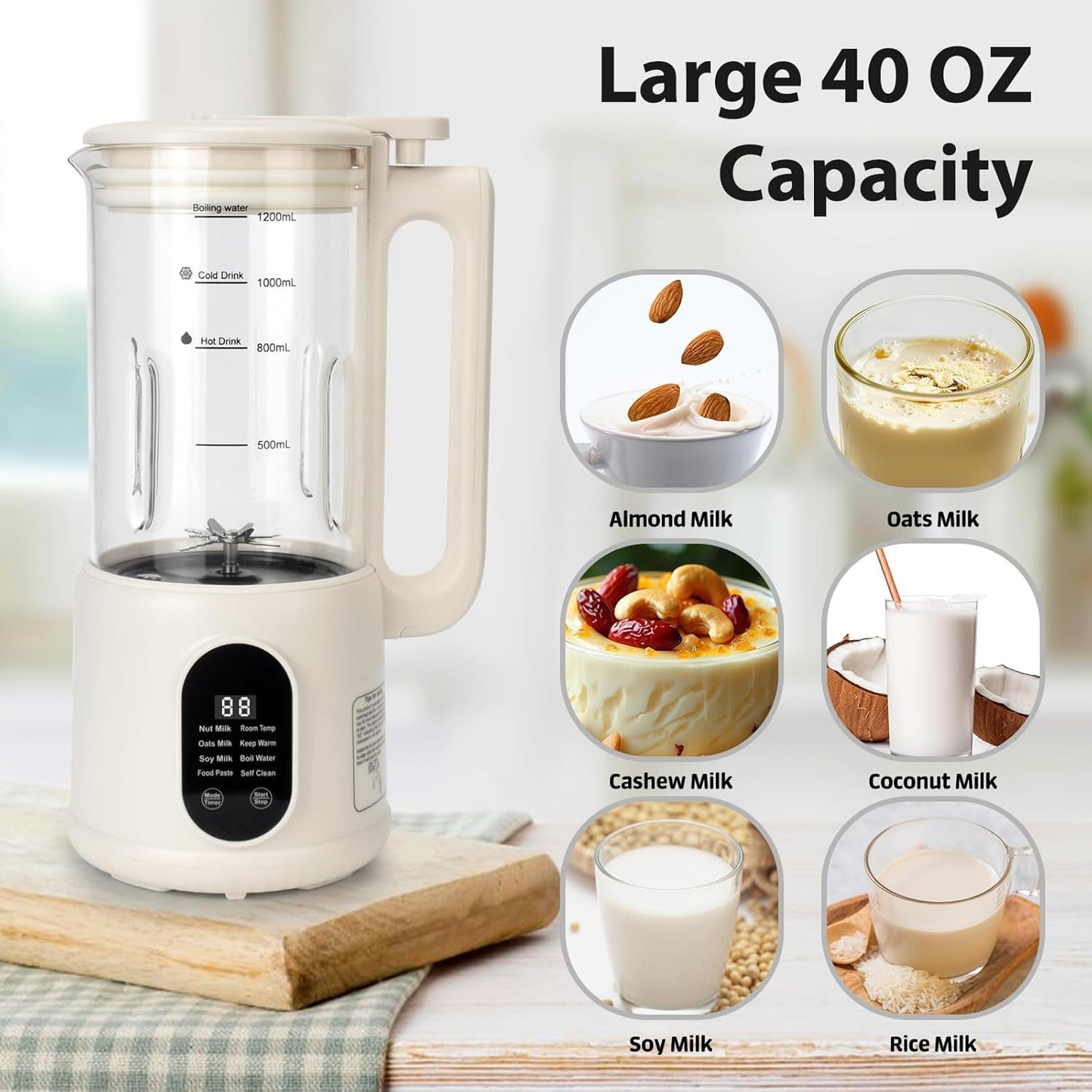 Automatic Nut Milk Maker, 8 in1 40oz Soybean Milk Machine for Homemade Almond, Oat, Soy, Coconut, Plant-Based Milk and Non Dairy Beverages, 12 Hours Timer/Auto-clean/Room Temp/Keep Warm/Boil/Low-Noise
