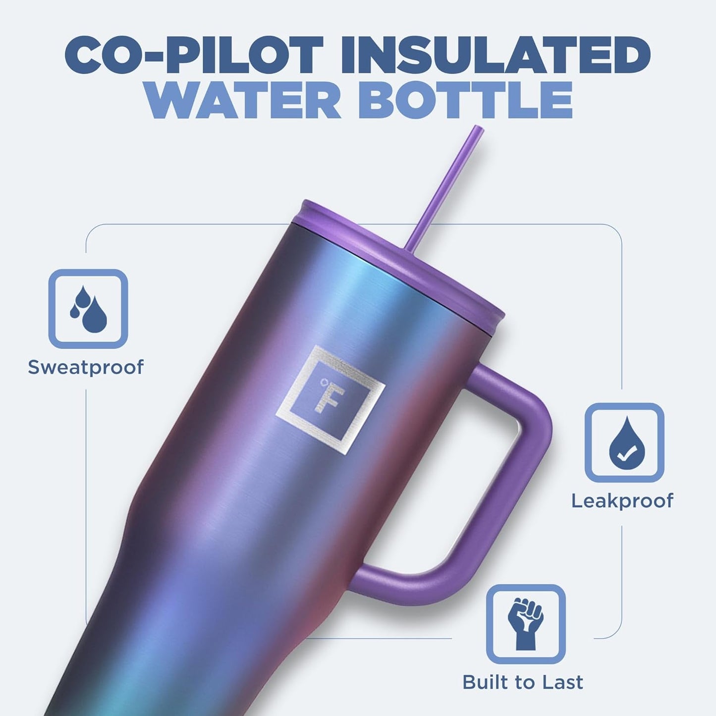 IRON °FLASK Co-Pilot Insulated Mug w/Straw & Flip Cap Lids - Cup Holder Bottle for Hot, Cold Drink - Leak-Proof - Water, Coffee Portable Travel Mug - Aurora, 40 Oz