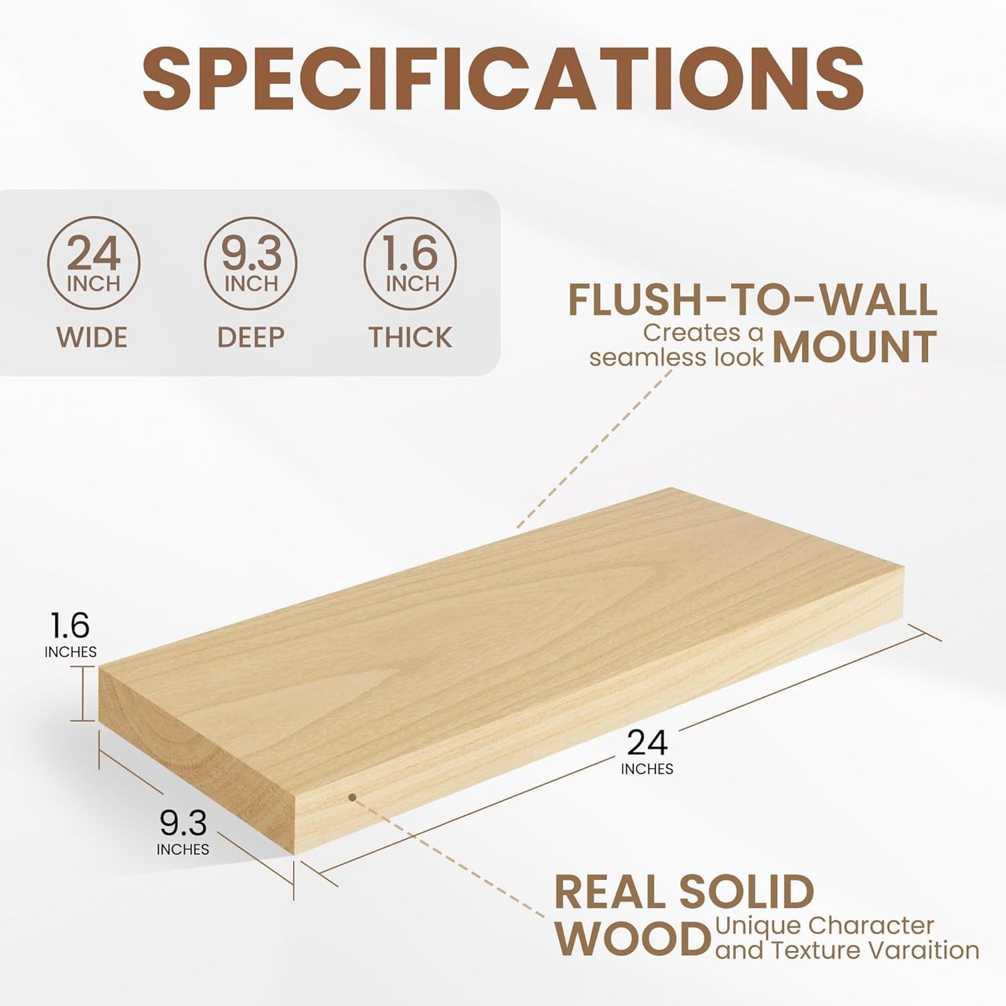Floating Shelves24 Inch Long , 9 Inch Deep Floating Shelves for Wall, Solid Wood Floating Shelf, Deep Wall Shelves for Living Room, Bathroom, Kitchen, 24"W x 9.3"D x 1.6"H, Burlywood, Set of 2