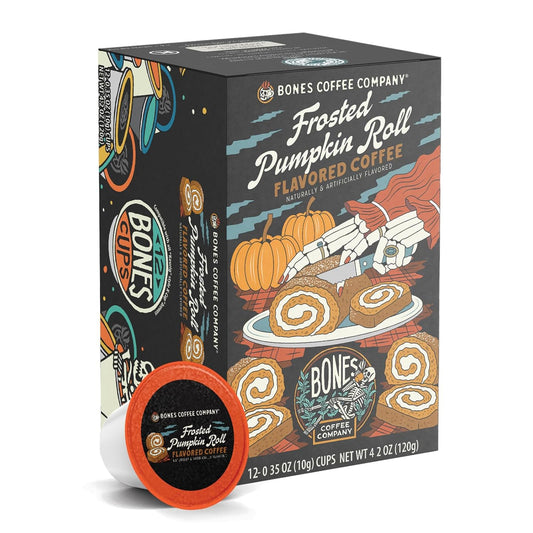 Bones Coffee Company Frosted Pumpkin Roll Flavored Coffee Pods, Low Acid Medium Roast Single-Serve Bones Cups, Compatible with 1.0 & 2.0 K-Cups Brewers Coffee Maker, 12 Count