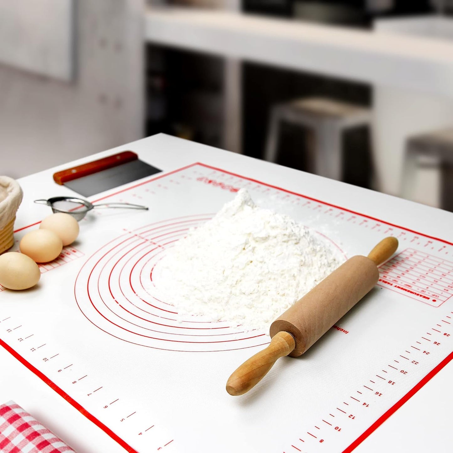 Silicone Pastry Baking Mat with Measurements Extra a Brush and a Dough Scraper- 23.5” x 15.7” Heat Resistant, BPA Free, Non-Stick Non-Slip Pastry Mat for Rolling Dough - Easy to Clean, Red