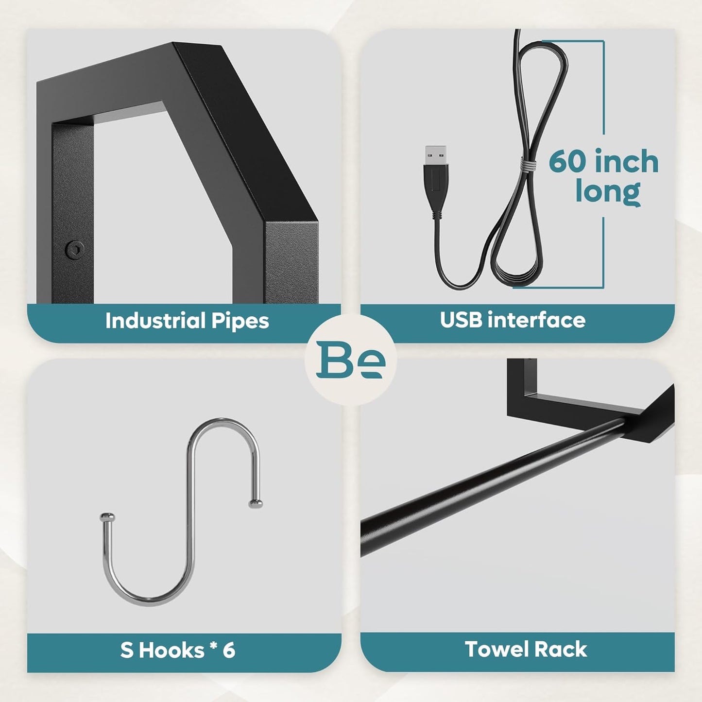 Bestier LED Kitchen Floating Shelves, 34" Industrial Pipe Shelves with Adjustable Glass Shelves, Wall Mounted Shelf with 6 S-Hook Towel Bar, Wine Coffee Bar Rack for Room Decor Rustic Brown