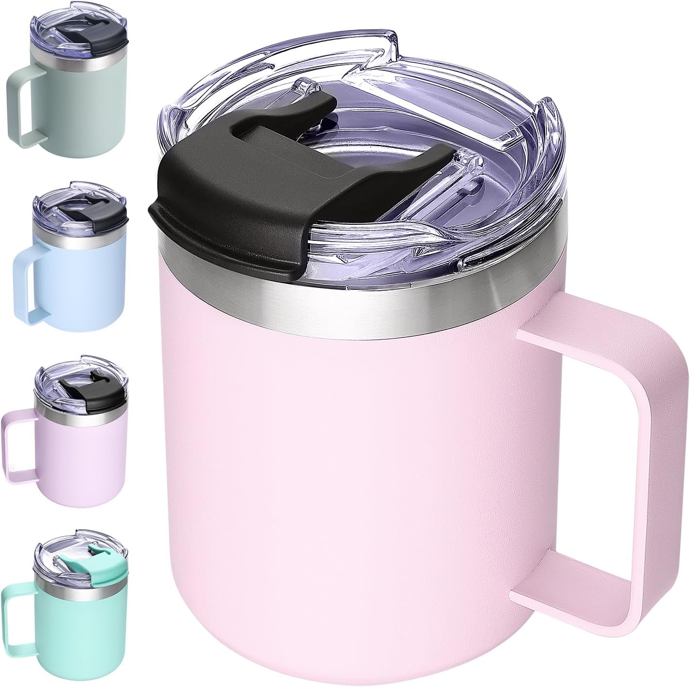 ALOUFEA 12oz Insulated Coffee Mug Cup with Handle, Stainless Steel Travel Coffee Mug with Flip Lid, Double Wall Vacuum Coffee Tumbler,Blush