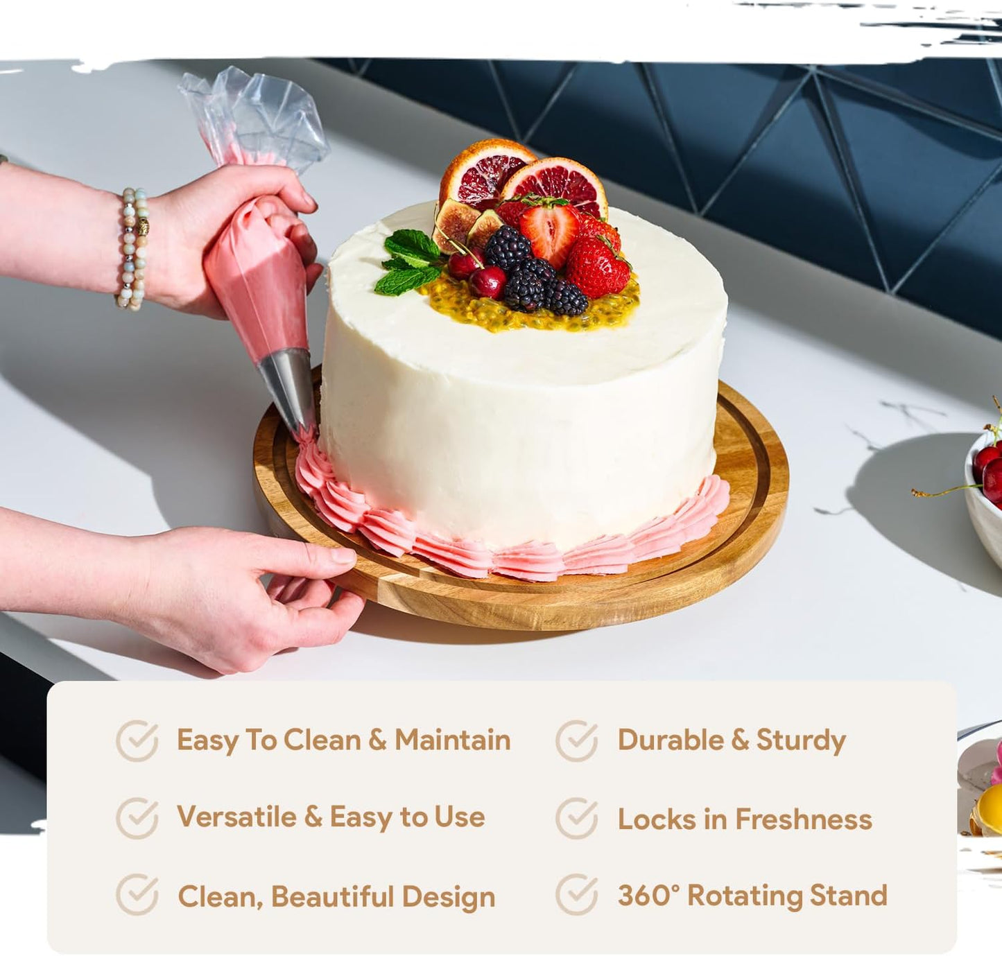 Rotating Cake Stand With Lid - 12 Inch Round Cake Holder with Cover, 4” Tall, Acacia Wood Spinning Cake Turntable for Decorating, Display and Serving Platter, Acrylic Cake Dome, No Glass