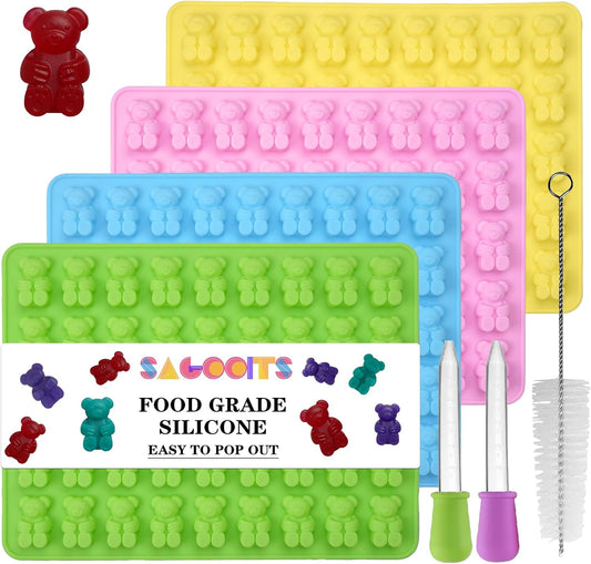 Large Gummy Bear Molds Candy Molds, No Stick Chocolate Candy Gummy Molds,Gummie Molds Premium Silicone,Pack of 4 with 2 Droppers