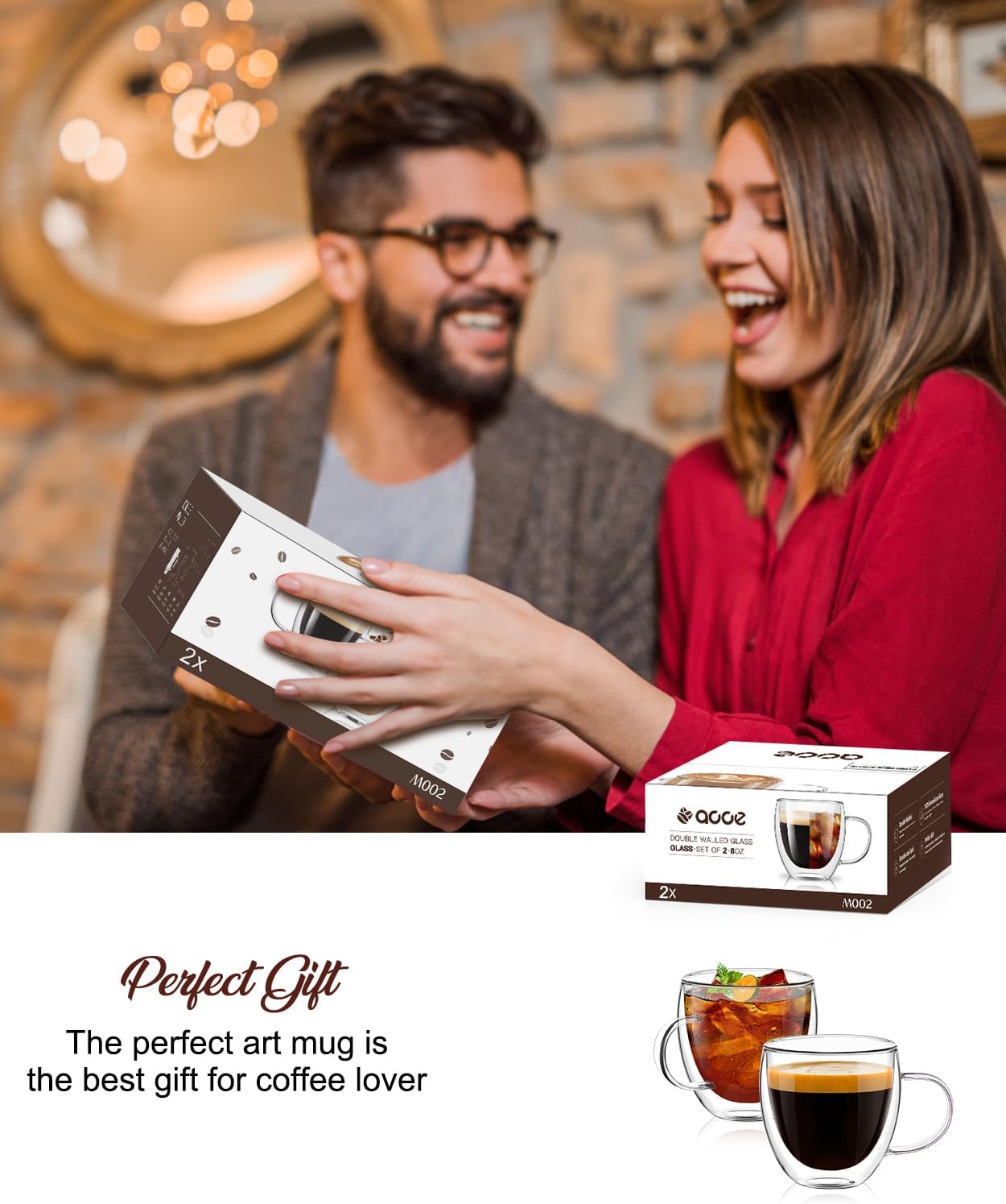 OJA Espresso Cups Set of 2, Hand Blown 5OZ Double Wall Glass Mugs with Handle Perfect for Cappuccino, Latte, Tea, Clear Glass Espresso Shot Cups Suitable for Coffee Machine