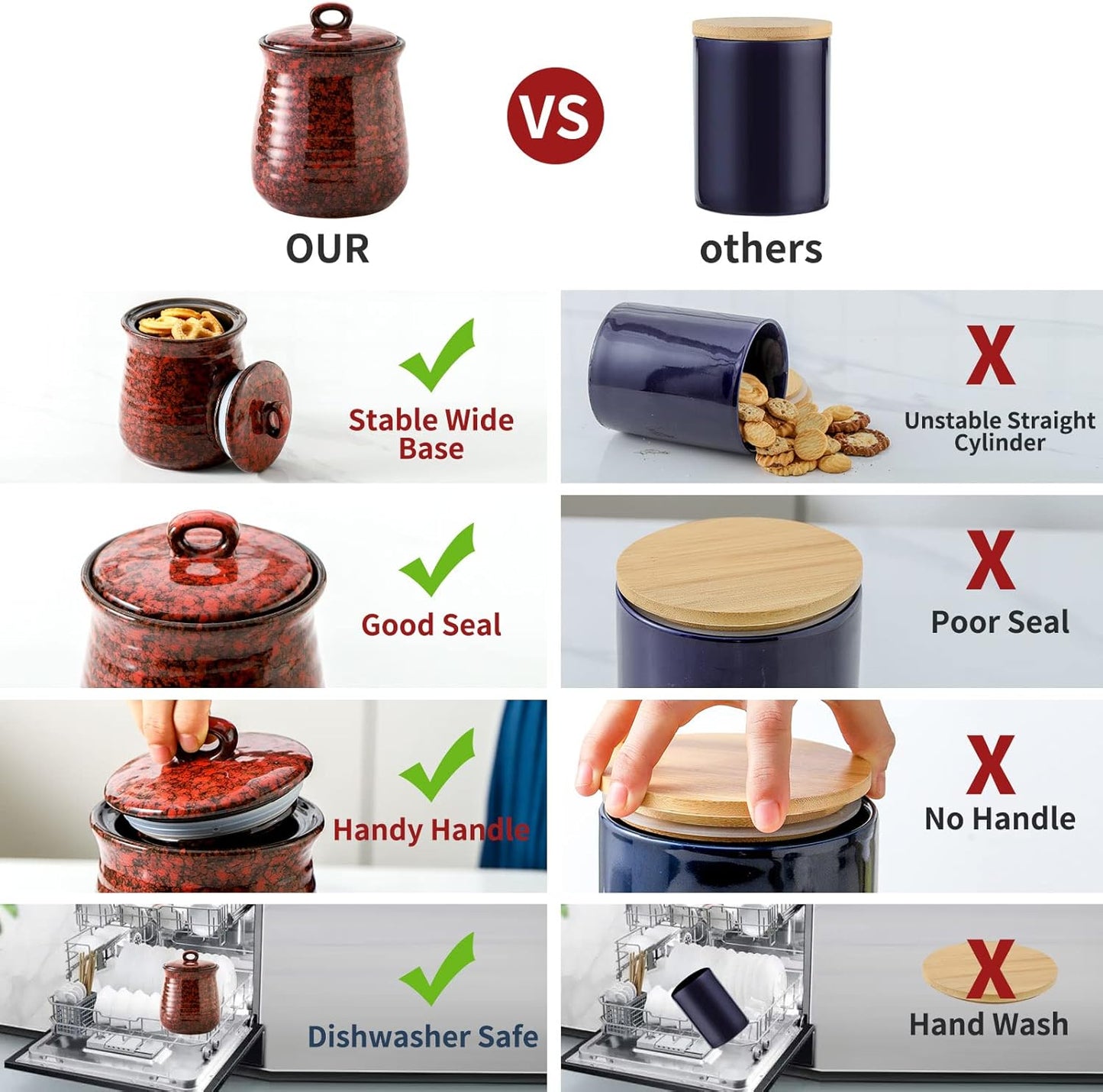 Hasense Ceramic Food Storage Jar, Coffee Canister with Lid, Cookie Candy Jar for Kitchen and Home, Serving for Dog Treat Sugar Loose Tea Flour Coffee Beans, 30 FL OZ(Red)