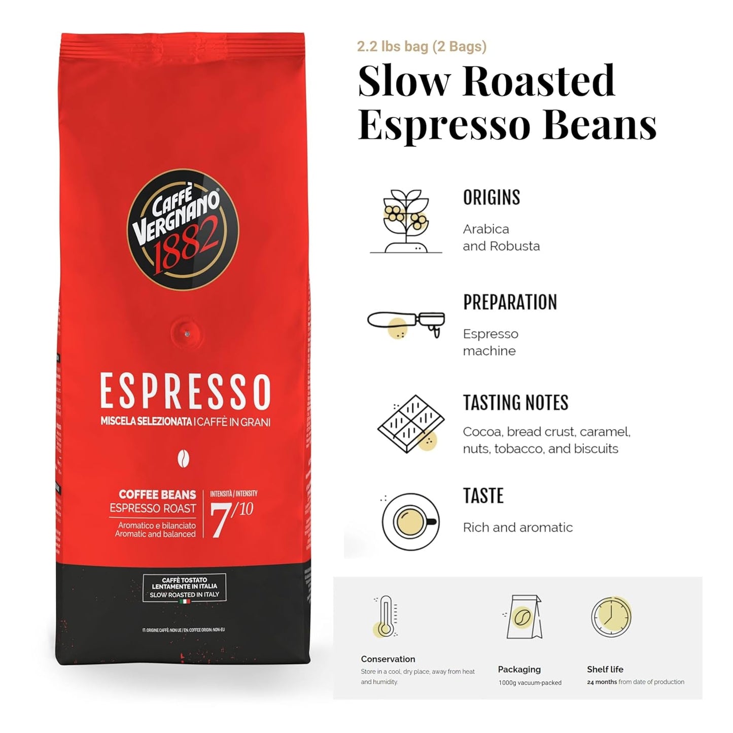 Caffe Vergnano 1882 Espresso Whole Bean Arabica Roast Coffee, 2.2 lb bag - Italian Medium Roast Coffee Beans with notes of Chocolate, Nuts & Caramel, Intensity 7/10-1000g Bag (2 Pack)