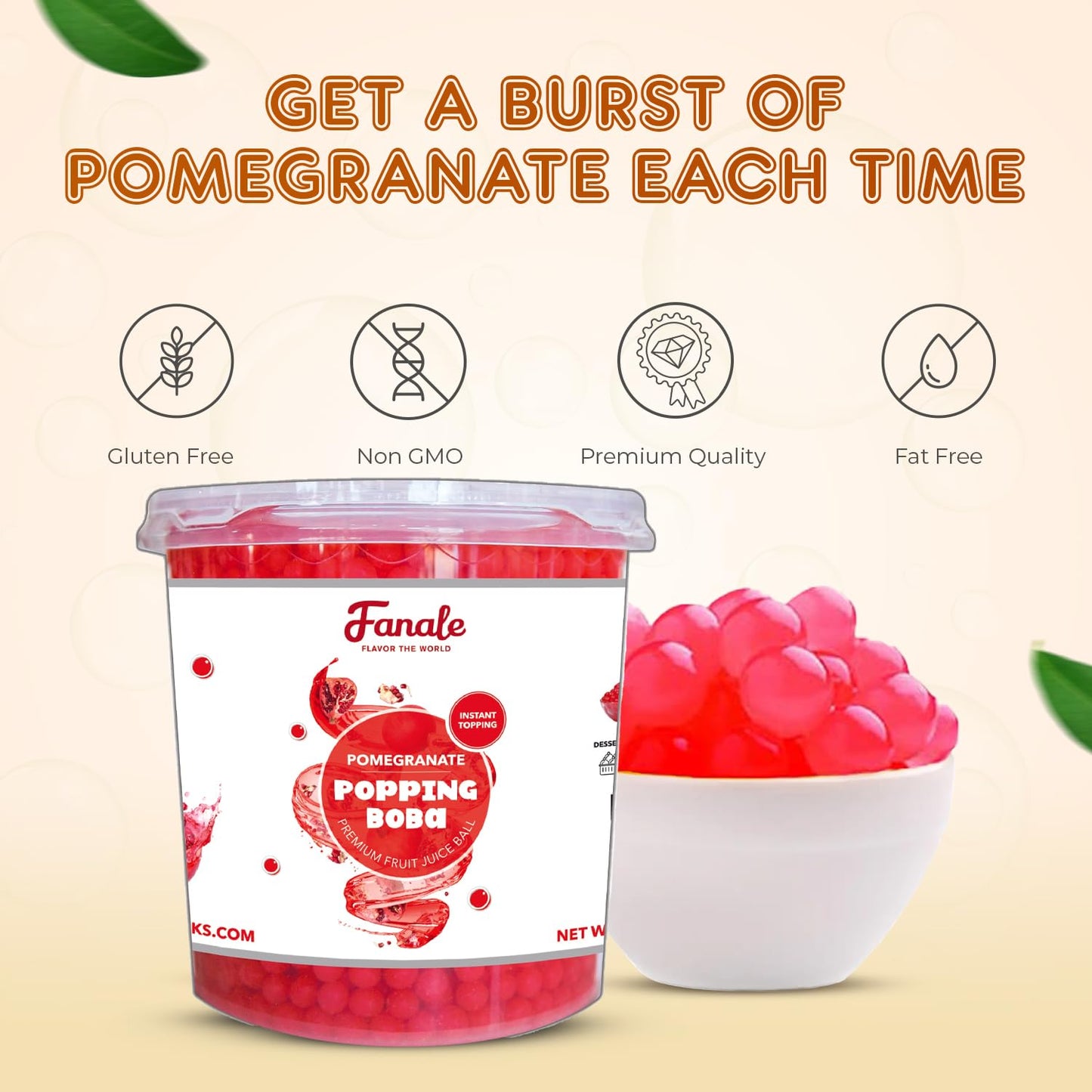 Fanale Pomegranate Popping Boba Pearls, Vegan, Non GMO, Gluten Free, Fat Free, Perfect for Bubble Tea, Smoothies, Ice Cream, Desserts, and Beverages.