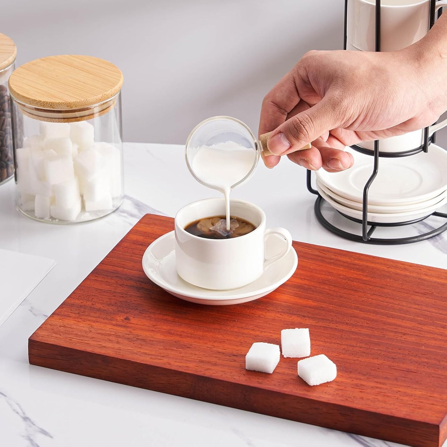 2.5oz Porcelain Stackable Espresso Cups with Saucers and Metal Stand Set of 4, Stackable Cappuccino Cups, White Expresso Shots Cup Set for Coffee Drinks, Latte, Tea