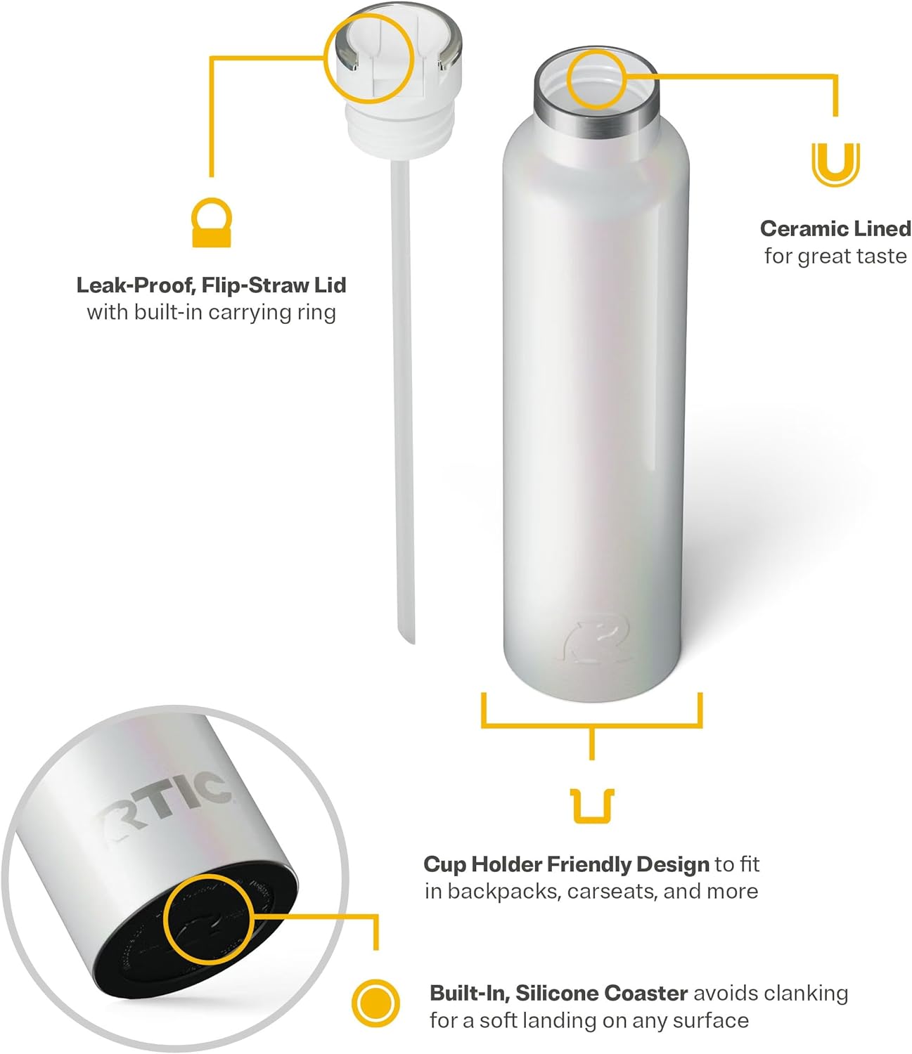 RTIC 26oz Journey Bottle Metal Stainless Steel Vacuum Insulated, BPA Free, Reusable, for Water, Hot and Cold Drinks, Travel, Sports, Camping, White Glitter