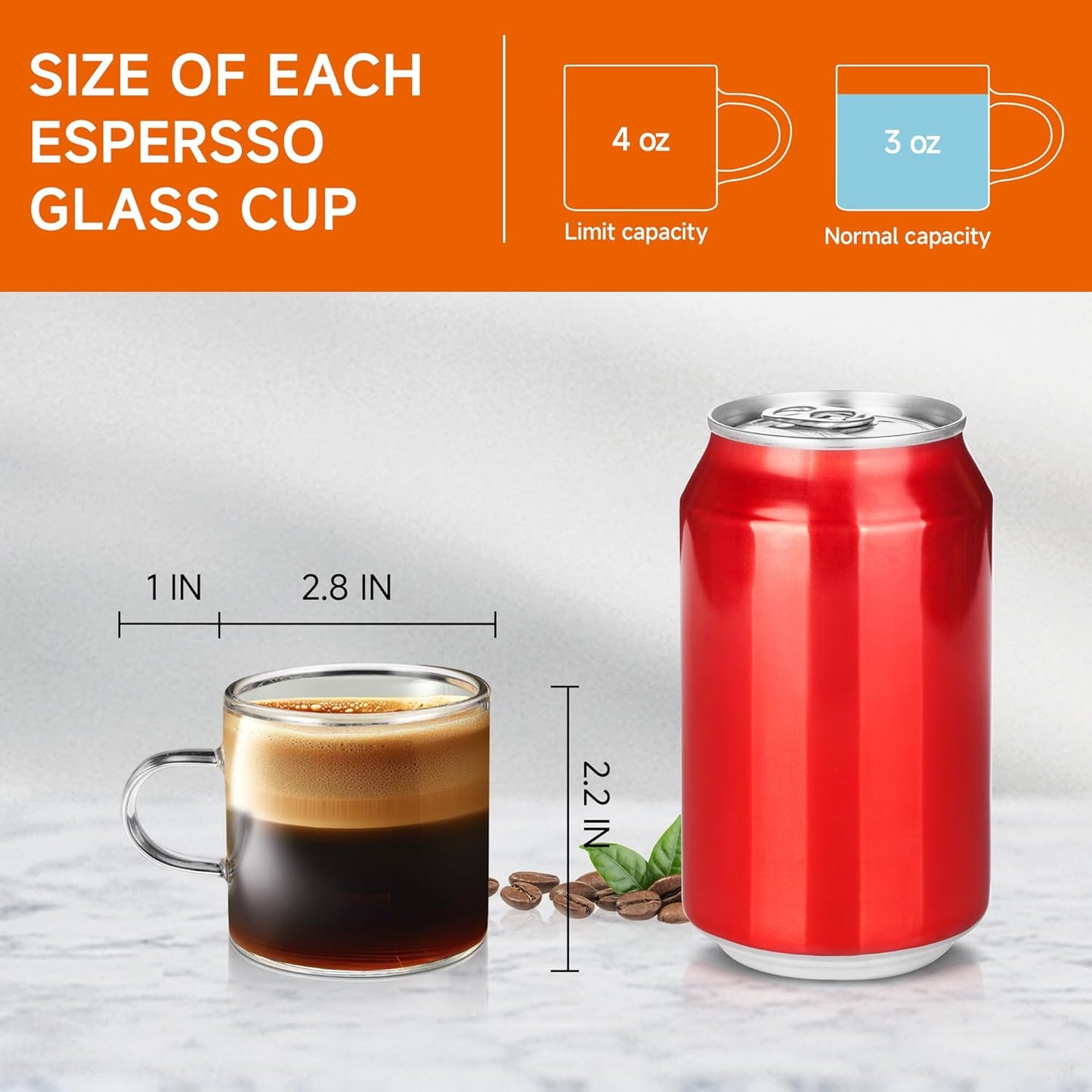 4-Pack 4oz Espresso Cups Espresso Shot Glasses with Handle, Small Glass Coffee Cups, Espresso Mugs Demitasse Cups Cappuccino Cup for Hot or Cold Latte, Tea, Microwave Dishwasher Safe