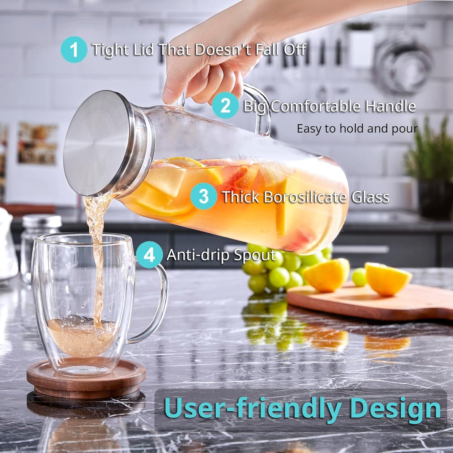 2 Pack 1.6 Liter 54 oz Glass Pitcher with Lid and Spout, Glass Carafe Water Pitcher for Hot/Cold Water, Iced Tea, Drinks, Coffee, Juice and Homemade Beverage