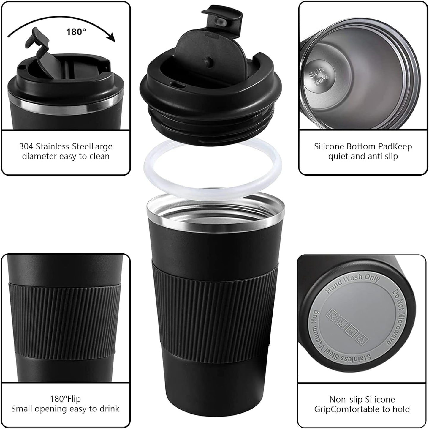 YINBAOGE Insulated Travel Coffee Mug Spill Proof Leak Proof Pobtable To Go Camping Stainless Steel Coffee Tumbler Reusable Coffee Cups with Lids Thermos for Hot and Cold Drink (Black, 12 OZ)