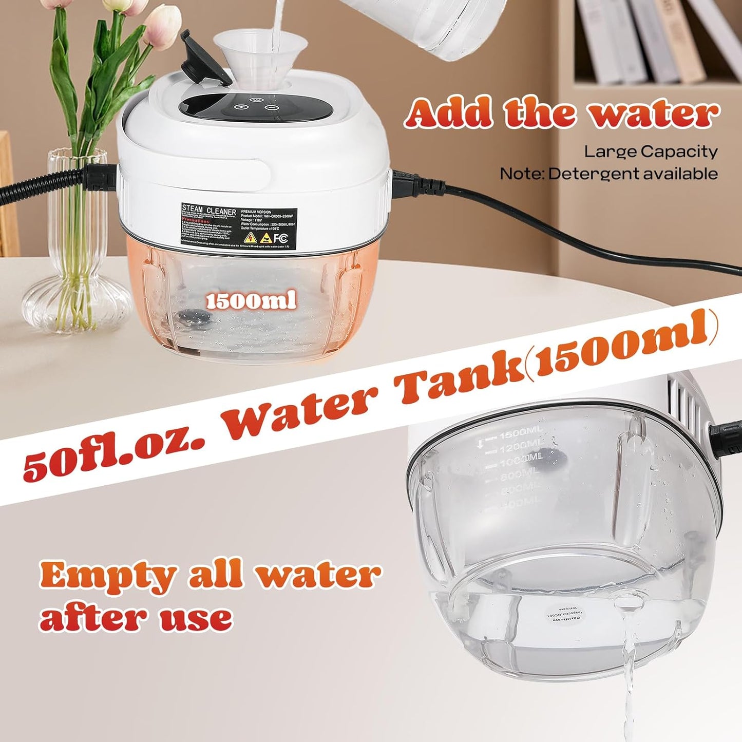 Moongiantgo Handheld Steam Cleaner 2500W High Pressure 1.5L Steamer for Cleaning, Portable Steam Cleaner for Home Kitchen Bathroom, Steam Cleaner for Car Detailing Grout Tile (White)