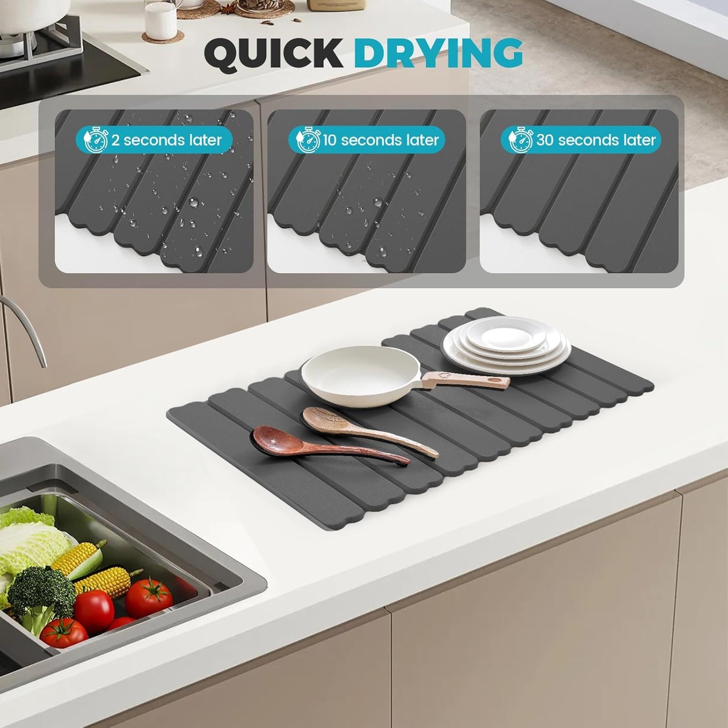 Extral Large Quick Dry Stone Drying Mat for Kitchen Counter,24x16 Inch Collapsible Eco-Friendly Absorbent Diatomaceous Earth Mat for Dishes Cups,Dish Drying Mats (Dark grey-Love shape, 24x16 inch)