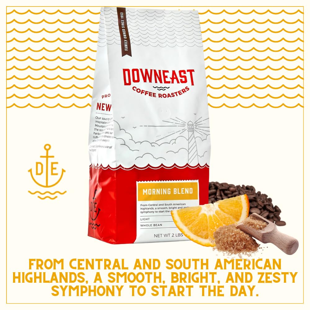 Downeast Coffee Roasters Whole Bean Coffee - Morning Breakfast Blend, Light Roast, 100% Arabica Coffee - Smooth, Bright and Balanced - Select Central and South American Highlands (2lb Bag)