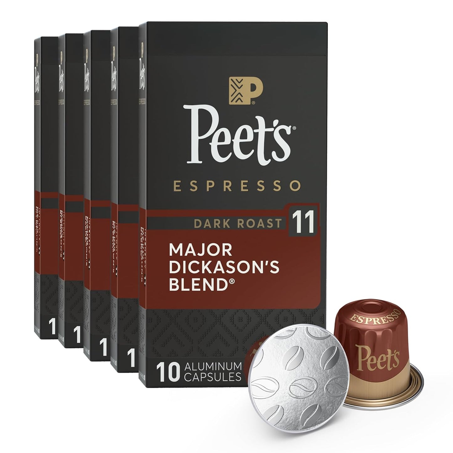 Peet's Coffee, Dark Roast Espresso Capsules, Compatible with Nespresso Original Machines - Major Dickason's Blend Intensity 11, 50 Count (5 Boxes of 10 Espresso Capsules)