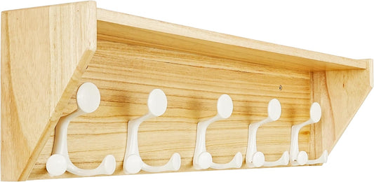 SKOLOO Wall Shelf with Hooks, 24-Inch Coat Rack Wall Mount with Shelf Organizer - Lightweight & Sturdy, 5 Tri Hooks - Perfect for Entryway, Hallway, Living Room, Bedroom, Mudroom, Natural & White