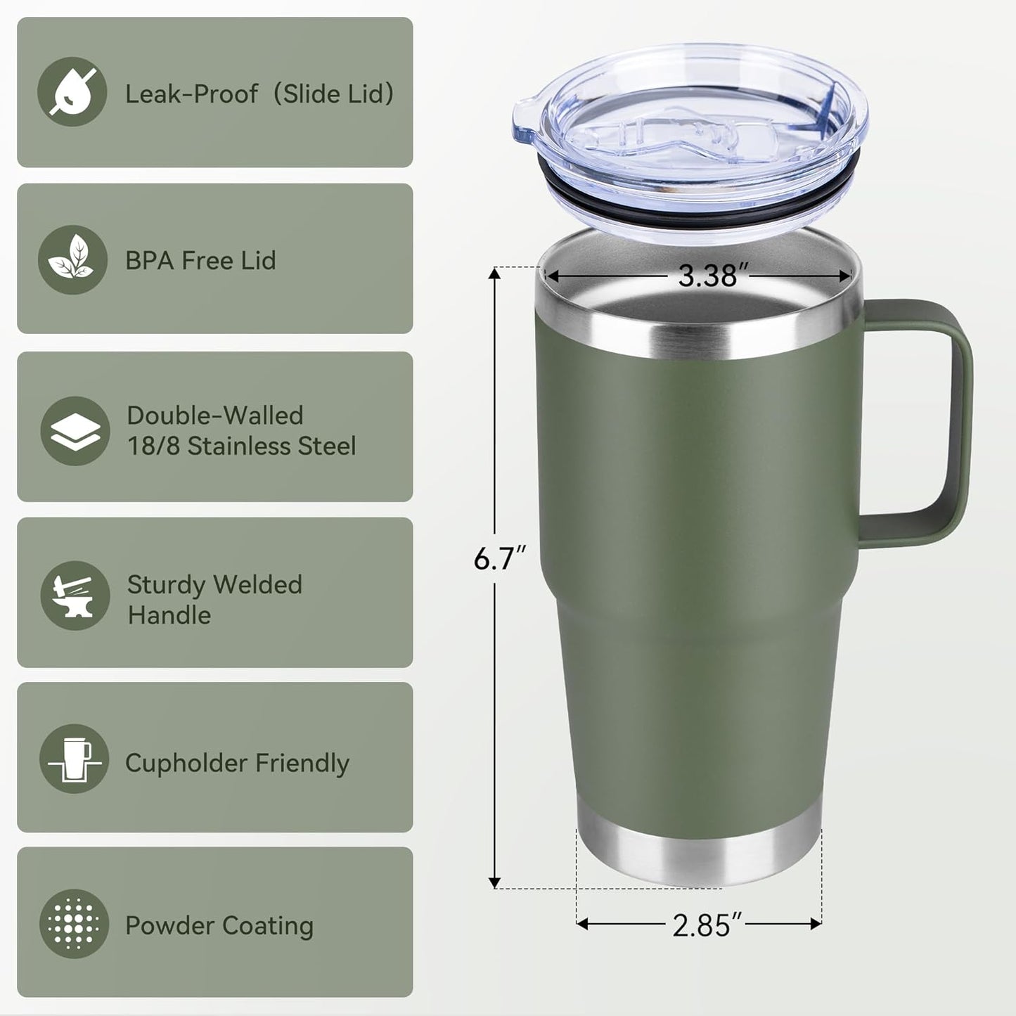 HASLE OUTFITTERS 20oz Tumbler with Handle, Stainless Steel Tumbler with Lid Metal Insulated Travel Coffee Mug Double Wall Vacuum Spill Proof Reusable Coffee Cup, Amy Green 1 Pack