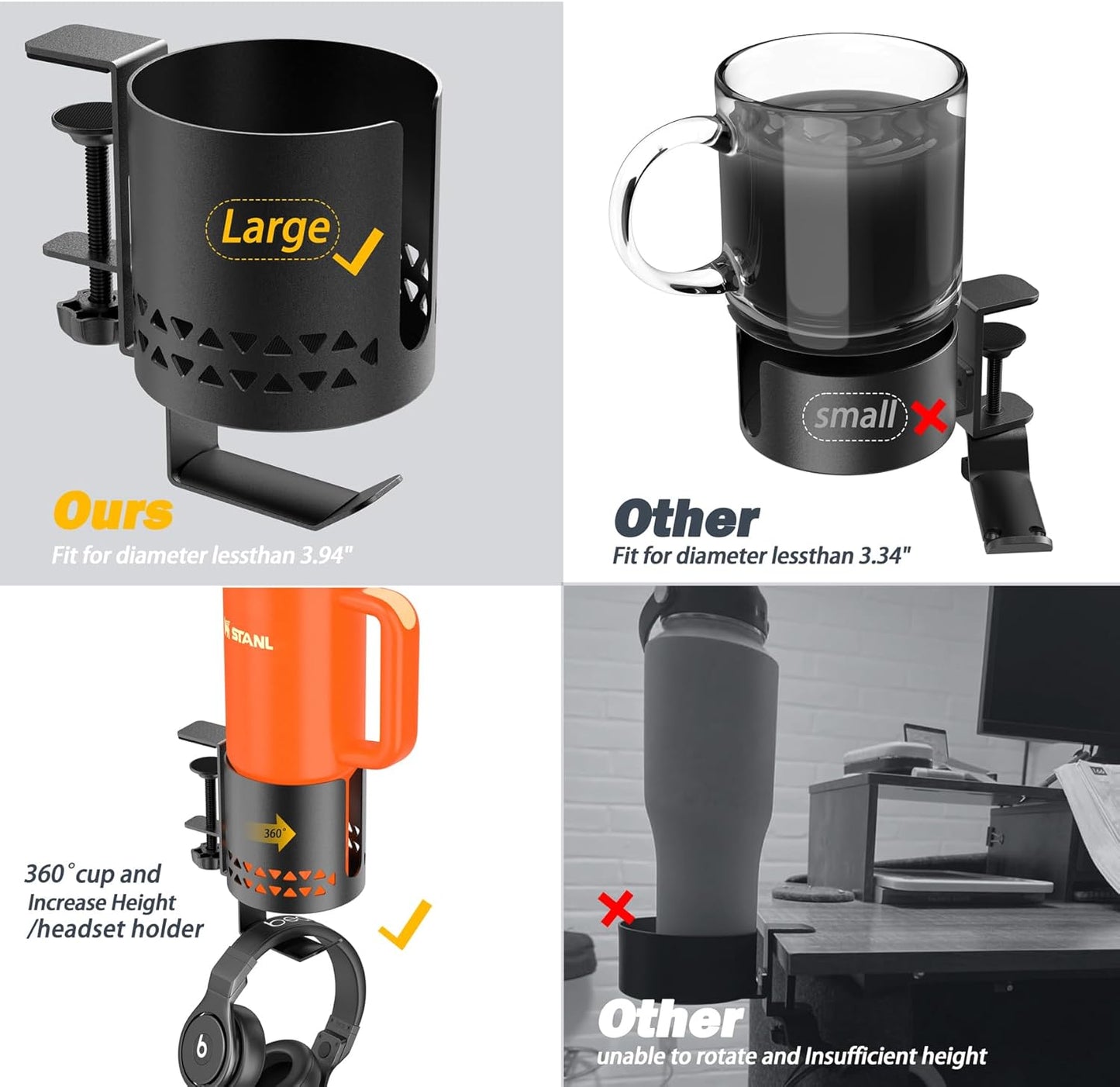 Desk Cup Holder Metal & Headphone Hanger 360° Rotating PC Gaming Desk Accessories Anti-Spill Table Cup Holder Clamp on Chair for Coffee Mugs Stanley YETI Bottles Pencil Holder