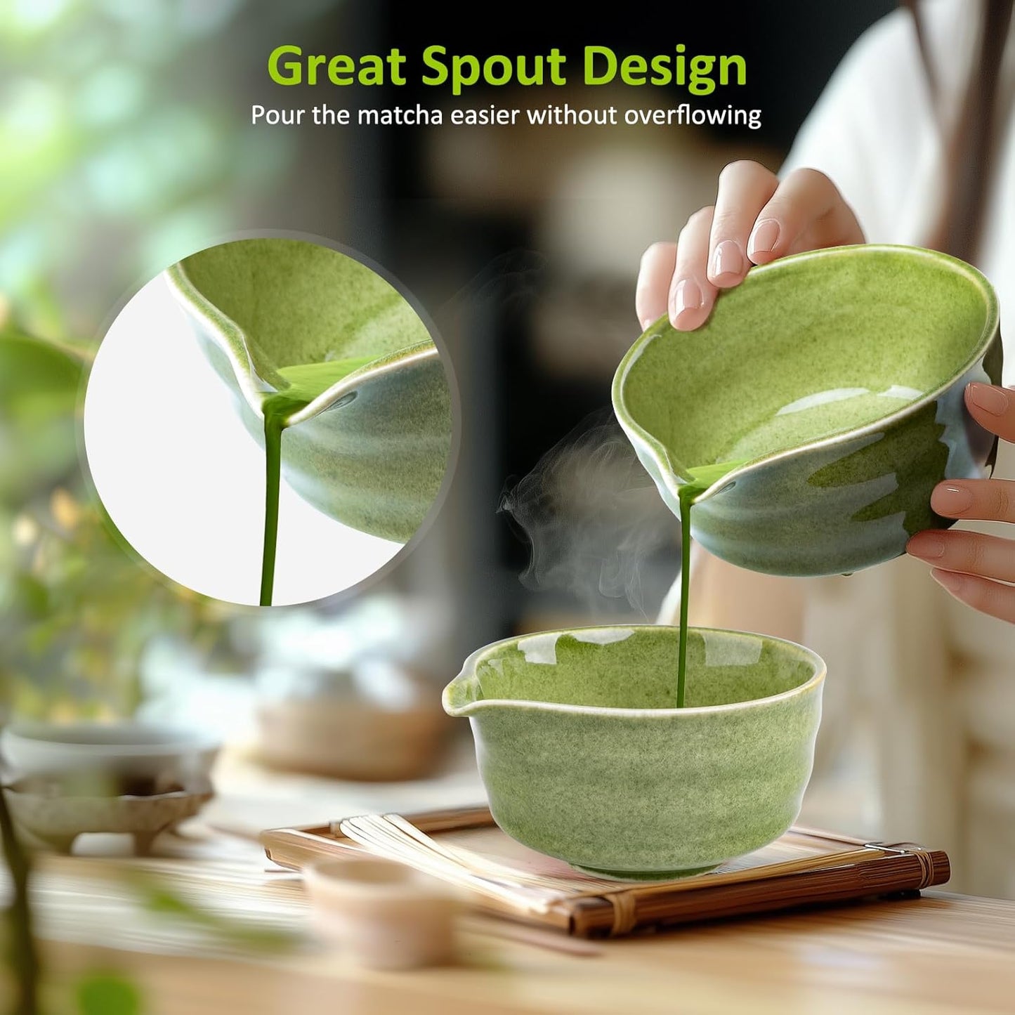 Matcha Set, 9 Pcs Japanese Matcha Whisk Set Matcha Tea Set for Traditional Tea Ceremony, Ceramic Matcha Kit for Matcha Drinks Matcha Set Whisk and Bowl Gift for Starters & Matcha Lover, Green