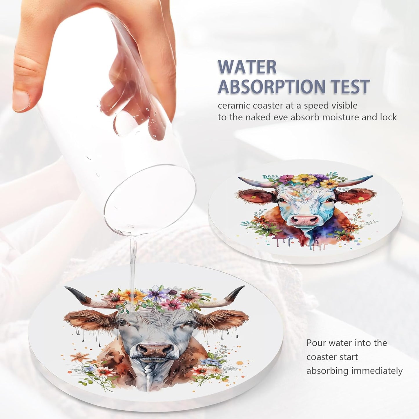 6 Pcs Coasters for Drinks with Holder, Highland Cows Flowers Absorbent Ceramic Coasters with Cork Base,Cute Funny Table Drinks Coasters Tabletop Protection Mat,Table Home Decor,4 Inches