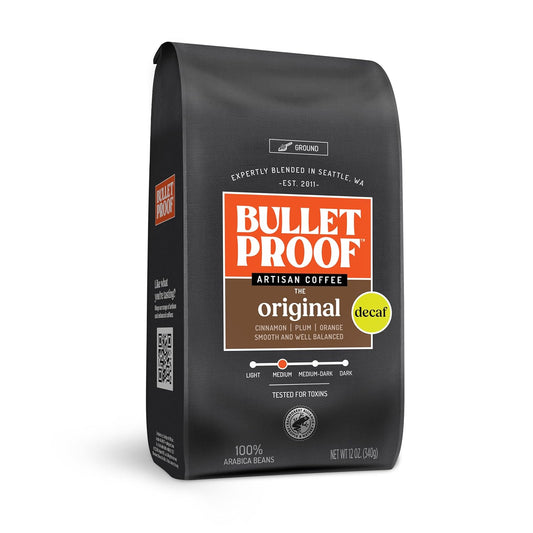 Bulletproof Original Medium Roast Ground Decaf Coffee, 12 Ounces, 100% Arabica Coffee, Clean Coffee Tested for Toxins, Packaging May Vary