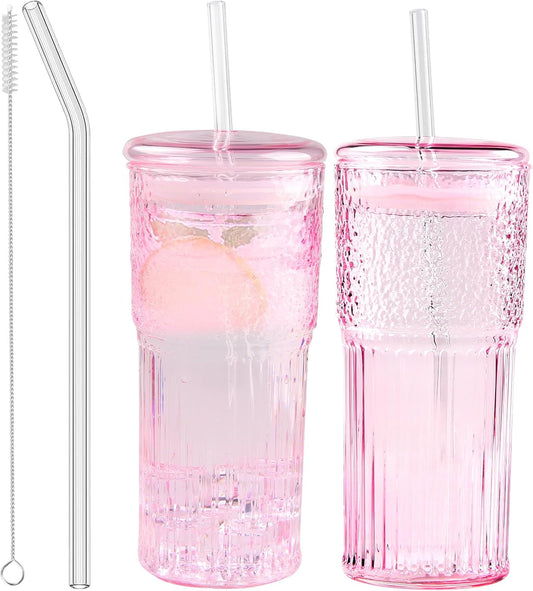 Glass Coffee Cups with Lids and Straws, 20 OZ Pink Iced Water Glasses Tumblers for Ice Juice, Tea, Milk, Smoothie and Cold or Hot Drinks, Set of 2