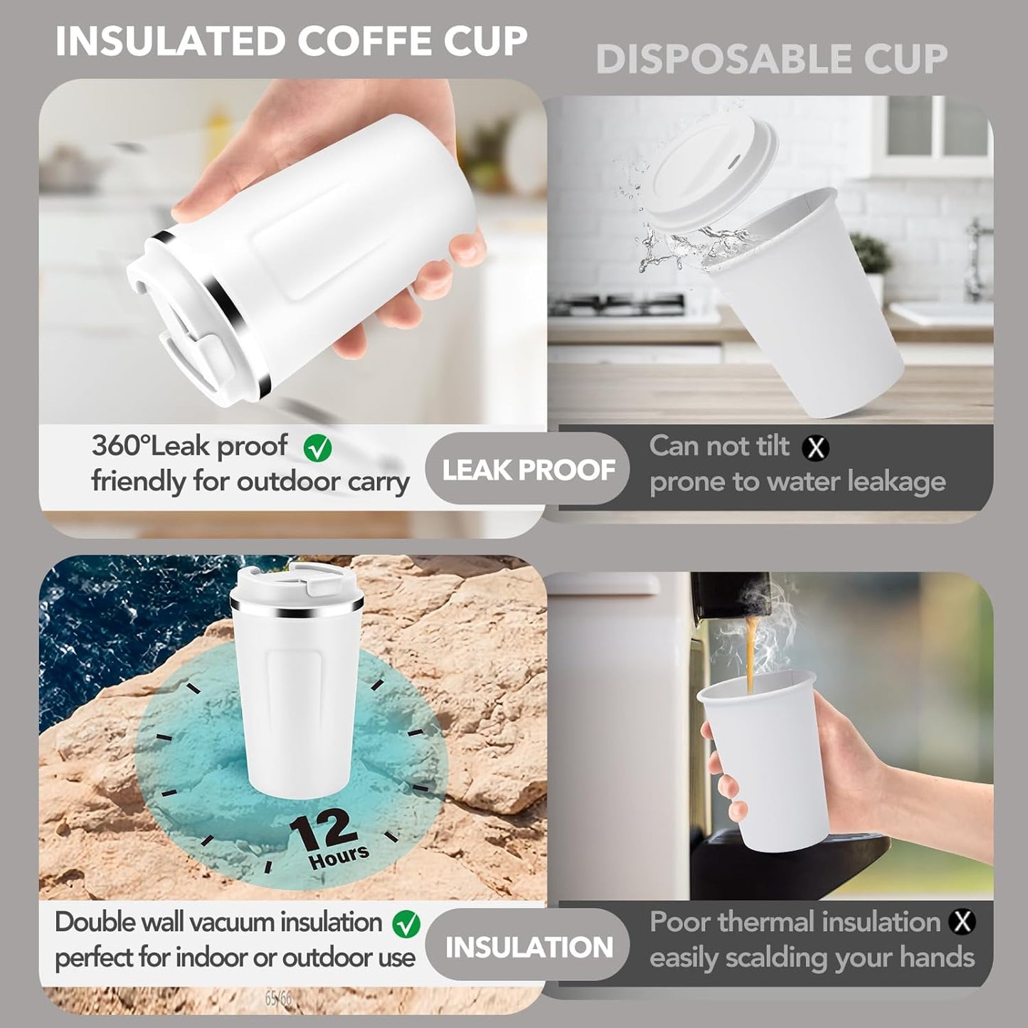 Volhoply 12 oz Double Wall Insulated Vacuum Travel Coffee Mug with Flip Lid,Reusable Stainless Steel Leak Proof Coffee Cup,Portable Iced Cafe Thermal Tumbler Suitable for Hot&Cold Drinks(White,1 Set)