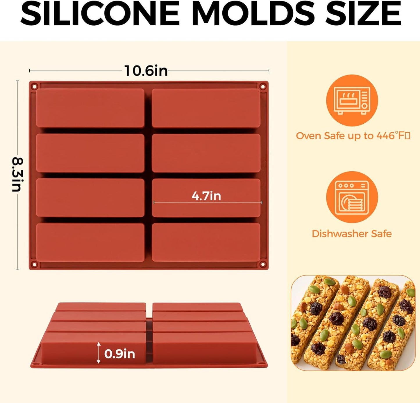 Granola Bar Molds, 8 Cavity Rectangle Granola Bar Silicone Mold for Energy Bars, Cereal, Protein, Brownie, Chocolate & Candy Molds(2 Pcs)