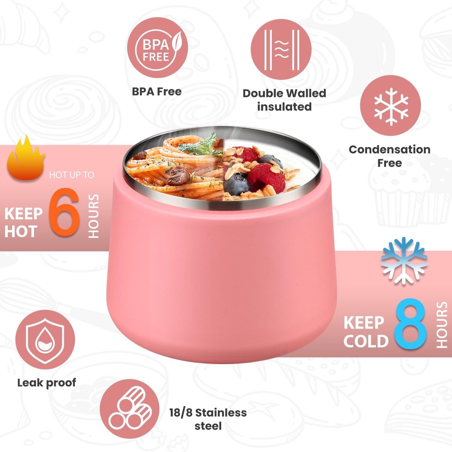 Soup Thermo for Hot Food Kids 14oz Lunch Containers with Buckle Lid Wide Mouth Hot Food Jar Vacuum Insulated Stainless Steel Bento Box Leakproof with Spoon (Dark Pink)
