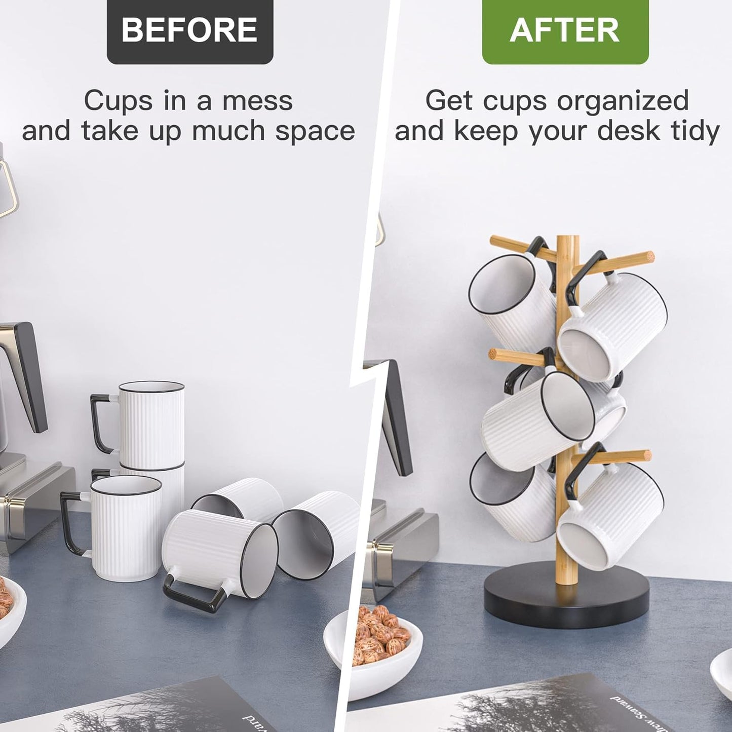 Wisuce Bamboo Mug Holder - Black Coffee Mug Tree Stand for Countertop - Organizer