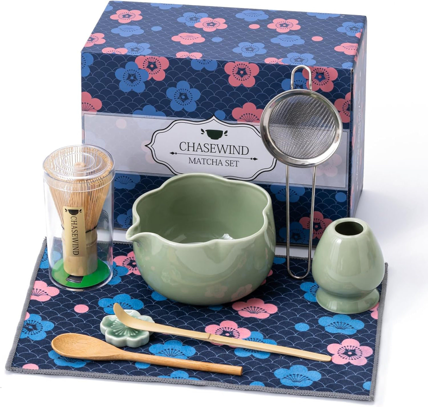 Matcha Set, 8Pcs Floral Ceramic Matcha Set with Matcha Whisk, Holder, Scoop, Scoop Rest, Sifter, Spoon and Tea Towel - Thoughtful Matcha Whisk Set Gift for Matcha Lovers (Green)