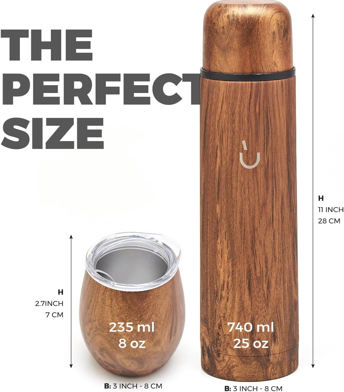 BALIBETOV Complete Yerba Mate Set - Modern Mate Gourd, Thermal Flask, Bombilla and Cleaning Brush Included - All Premium Quality 304 18/8 Stainless Steel (Wood)