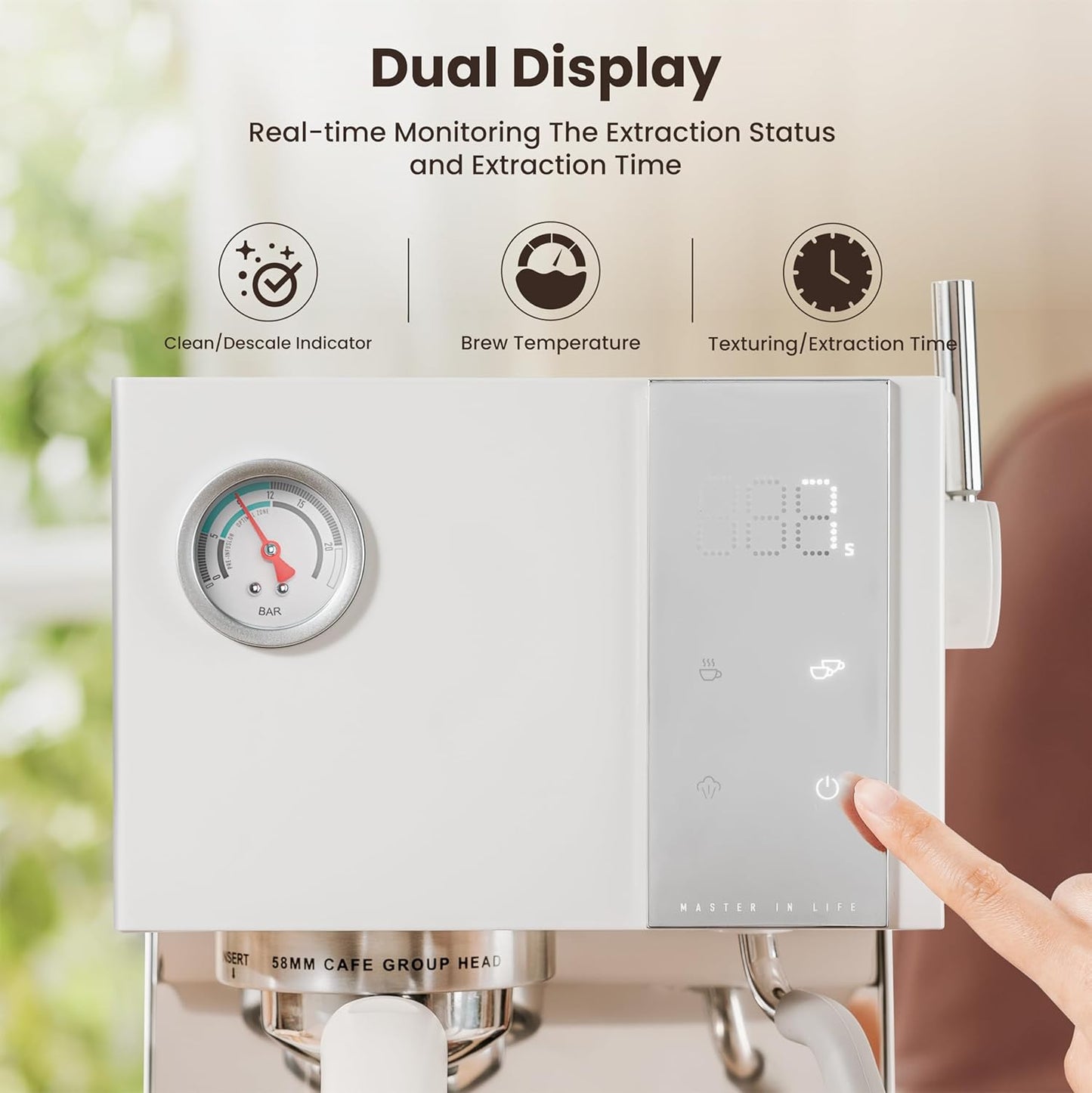 Gevi Espresso Machine with OPV, 20Bar Espresso Maker with Milk Frother Steam Wand, Dual Display, 58mm Portafilter, Stainless Steel Espresso Machines for Espresso/Latte/Cappuccino, White